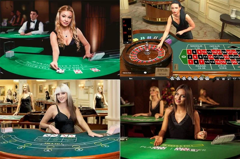 Dealer live di depan meja kasino dengan antarmuka kamera